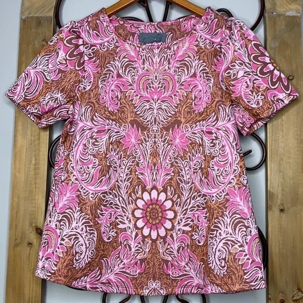 Anthropologie Demeter floral paisley print copper shimmer short sleeve top - Picture 5 of 9
